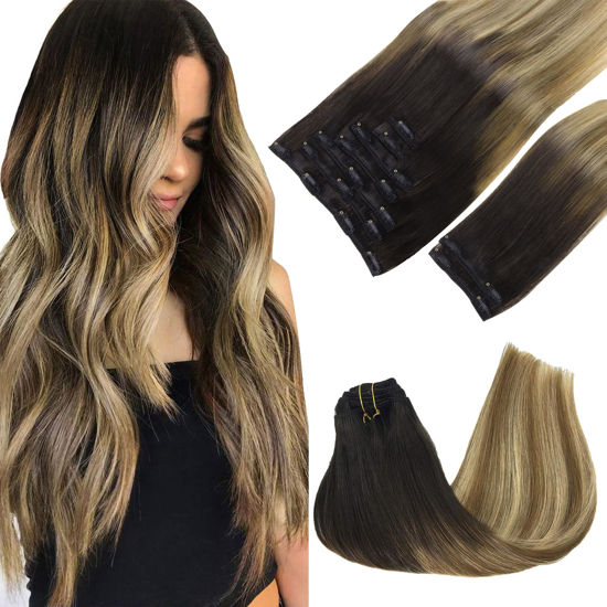 Picture of GOO GOO Clip in Hair Extensions Real Human Hair, Remy Human Hair Extensions Clip ins for Women, Natural Human Hair, 16inch 150g 9Pcs, 2/6/18 Balayage Brown to Dirty Blonde