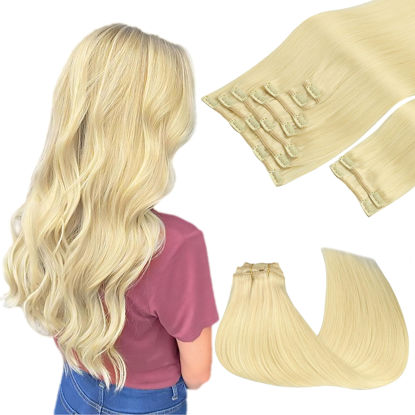 Picture of GOO GOO Clip in Hair Extensions Real Human Hair, Remy Human Hair Extensions Clip ins for Women, Natural Human Hair, 14inch 150g 9Pcs, 22F Light Golden Blonde