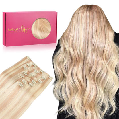 Picture of WENNALIFE Clip in Hair Extensions Real Human Hair, 16 Inch 120g 7pcs Human Hair Extensions Clip In Human Hair, Bleach Blonde Highlighted Reddish Blonde Hair Extensions Clip In Real Hair Coloured Remy