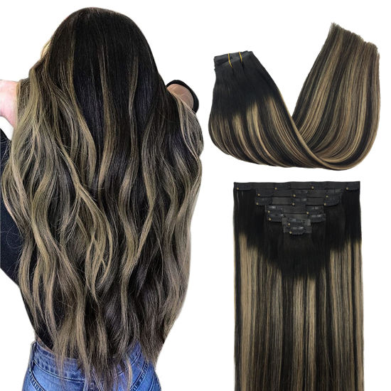 Picture of GOO GOO Clip in Hair Extensions Real Human Hair, Remy Human Hair Extensions Clip ins for Women, Natural Human Hair, 14inch 130g 9Pcs, 1B/16/1B Balayage Natural Black to Light Blonde