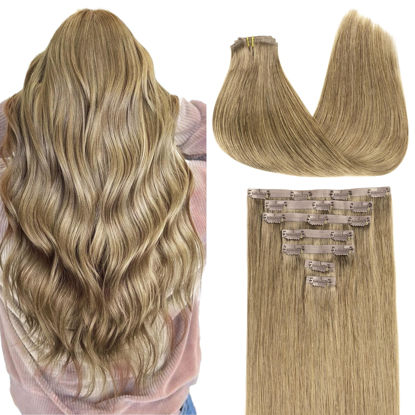 Picture of GOO GOO Clip in Hair Extensions Real Human Hair, Remy Human Hair Extensions Clip ins for Women, Natural Human Hair, 16inch 110g 7Pcs, 7 Bronde