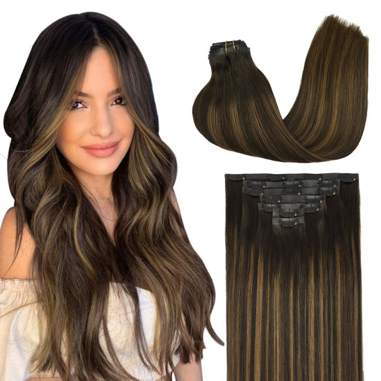 Picture of GOO GOO Clip in Hair Extensions Real Human Hair, 14inch 130g 9Pcs, 2/6/2 Balayage Dark Brown to Chestnut Brown, Remy Human Hair Extensions Clip ins for Women, Natural Human Hair