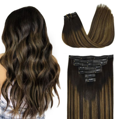 Picture of GOO GOO Clip in Hair Extensions Real Human Hair, 14inch 130g 9Pcs, 1B/6/1B Balayage Natural Black to Chestnut Brown, Remy Human Hair Extensions Clip ins for Women, Natural Human Hair