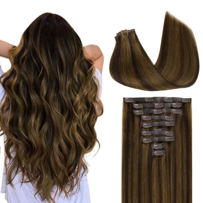 Picture of GOO GOO Clip in Hair Extensions Real Human Hair, Remy Human Hair Extensions Clip ins for Women, Natural Human Hair, 14inch 130g 9Pcs, 2C/4E/6C Brown Sugar Swirl Highlights