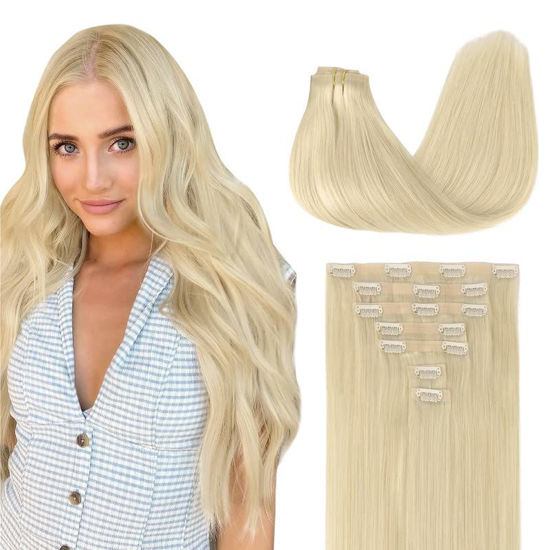 Picture of GOO GOO Clip in Hair Extensions Real Human Hair, 14inch 110g 7Pcs, 60A Platinum Blonde, Remy Human Hair Extensions Clip ins for Women, Natural Human Hair