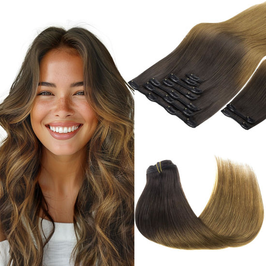 Picture of GOO GOO Clip in Hair Extensions Real Human Hair, Remy Human Hair Extensions Clip ins for Women, Natural Human Hair, 16inch 150g 9Pcs, 1D/2C/4E Chocolate Dip Color Melt