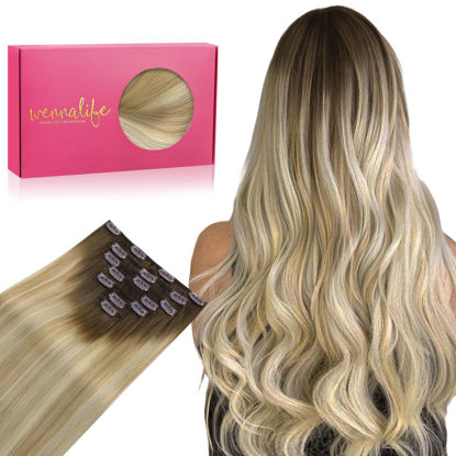 Picture of WENNALIFE Clip in Hair Extensions Real Human Hair, 16 Inch 120g 7pcs Human Hair Extensions Clip In Human Hair, Balayage Light Ash Brown to Light White Blonde Hair Extensions Clip In Real Hair Coloured