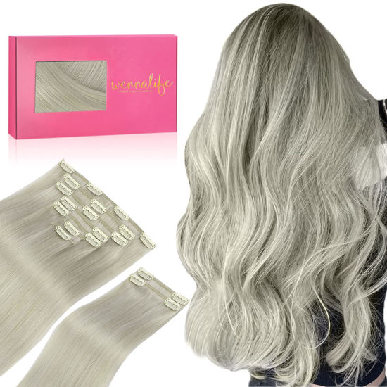 Picture of WENNALIFE Clip in Hair Extensions Real Human Hair, 16 Inch 150g 9pcs Human Hair Extensions Clip In, Grey Hair Extensions Clip In Real Hair Coloured Remy Human Hair Extensions