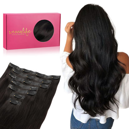 Picture of WENNALIFE Seamless Clip In Hair Extensions, 16 Inch 130g 7pcs Natural Black Hair Extensions Clip in Human Hair Invisible PU Skin Weft Natural Remy Human Hair Extensions