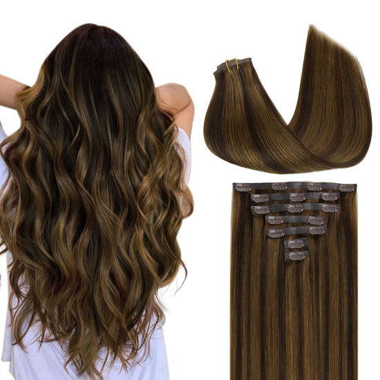 Picture of GOO GOO Clip in Hair Extensions Real Human Hair, Remy Human Hair Extensions Clip ins for Women, Natural Human Hair, 16inch 110g 7Pcs, 2C/4E/6C Brown Sugar Swirl Highlights