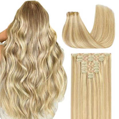 Picture of GOO GOO Clip in Hair Extensions Real Human Hair, Remy Human Hair Extensions Clip ins for Women, Natural Human Hair, 14inch 130g 9Pcs, 18D/22F Dirty Blonde Highlights