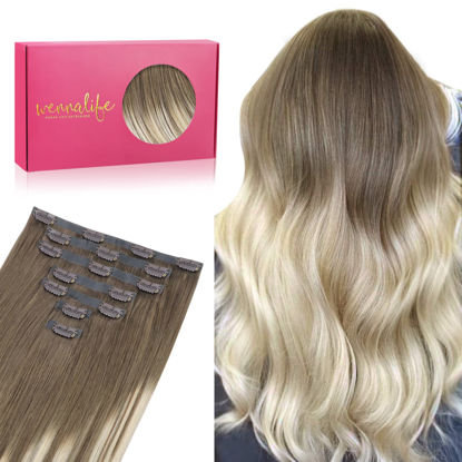 Picture of WENNALIFE Seamless Clip In Hair Extensions Human Hair, 14 Inch 130g 7pcs Ombre Sandy Brown to Platinum Blonde Real Hair Extensions Clip in Human Hair Invisible PU Skin Weft Natural Remy Human Hair