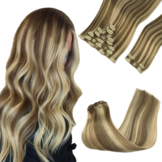 Picture of GOO GOO Clip in Hair Extensions Real Human Hair, Remy Human Hair Extensions Clip ins for Women, Natural Human Hair, 16inch 150g 9Pcs, 8A/22 Medium Brown Highlighted Golden Blonde