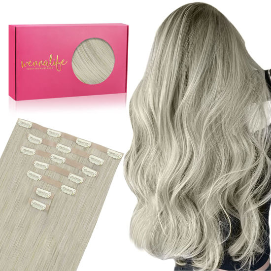 Picture of WENNALIFE Seamless Clip In Hair Extensions Human Hair, 16 Inch 130g 7pcs Grey Real Hair Extensions Clip in Human Hair Invisible PU Skin Weft Natural Remy Human Hair Extensions