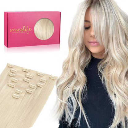 Picture of WENNALIFE Seamless Clip In Hair Extensions Human Hair, 16 Inch 130g 7pcs Platinum Blonde Real Hair Extensions Clip in Human Hair Invisible PU Skin Weft Natural Remy Human Hair Extensions