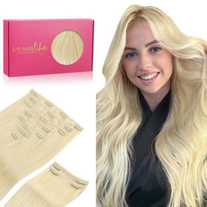 Picture of WENNALIFE Clip in Hair Extensions, 150g 14 Inch 9pcs Bleach Blonde Human Hair Extensions Thicker Clip in Hair Extensions Real Human Hair Clip Set Double Weft