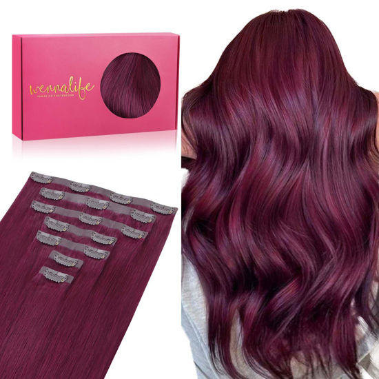 Picture of WENNALIFE Seamless Clip In Hair Extensions Human Hair, 14 Inch 130g 7pcs Light Burgundy Real Hair Extensions Clip in Human Hair Invisible PU Skin Weft Natural Remy Human Hair Extensions