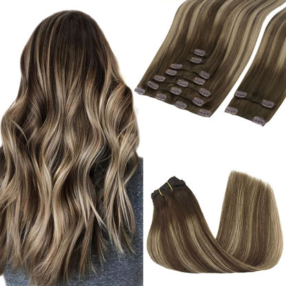 Picture of GOO GOO Clip in Hair Extensions Real Human Hair, 16inch 150g 9Pcs, 4/26/4 Balayage Chocolate Brown to Honey Blonde, Remy Human Hair Extensions Clip ins for Women, Natural Human Hair