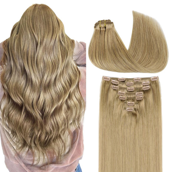 Picture of GOO GOO Clip in Hair Extensions Real Human Hair, Remy Human Hair Extensions Clip ins for Women, Natural Human Hair, 20inch 120g 7Pcs, 7 Bronde