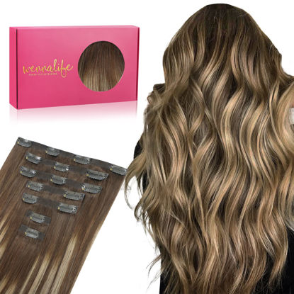 Picture of WENNALIFE Seamless Clip In Hair Extensions, 18 Inch 7pcs 130g Balayage Chocolate Brown to Honey Blonde Hair Extensions Clip In Invisible PU Skin Weft Real Human Hair Extensions Clip In