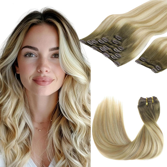 Picture of GOO GOO Clip in Hair Extensions Real Human Hair, Remy Human Hair Extensions Clip ins for Women, Natural Human Hair, 16inch 150g 9Pcs, 5A/90/16F Bahamian Balayage