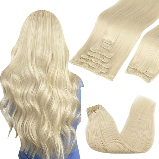 Picture of GOO GOO Clip in Hair Extensions Real Human Hair, 16inch 150g 9Pcs, 60A Platinum Blonde, Remy Human Hair Extensions Clip ins for Women, Natural Human Hair