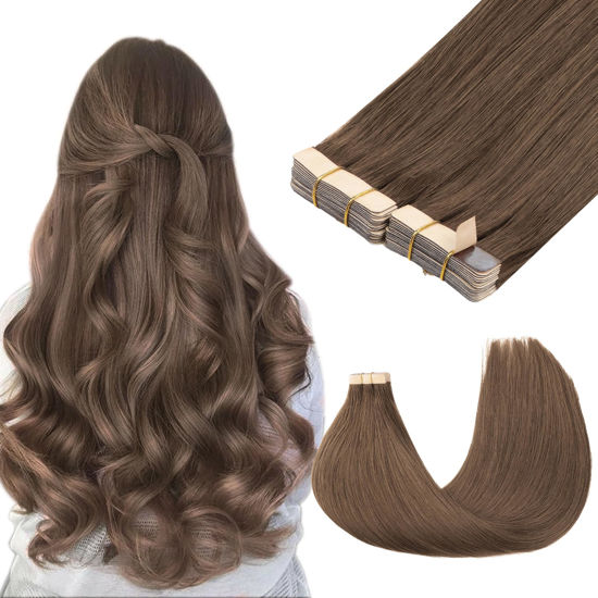 Picture of GOO GOO Tape in Hair Extensions Human Hair, 5 Light Ash Brown, 18inch 100g 40pcs, Thick Ends Straight Seamless Tape in, Invisible Tape in Hair Extensions Human Hair