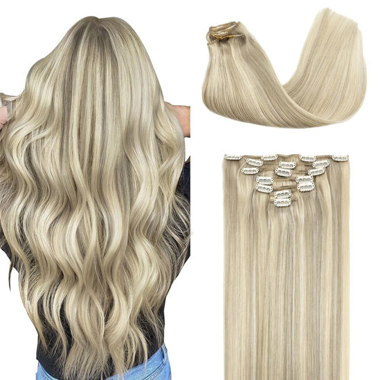 Picture of GOO GOO Clip in Hair Extensions Real Human Hair, Remy Human Hair Extensions Clip ins for Women, Natural Human Hair, 18inch 120g 7Pcs, 17A/60A Ash Blonde Highlighted Platinum Blonde