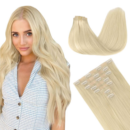 Picture of GOO GOO Clip in Hair Extensions Real Human Hair, 16inch 130g 7Pcs, 60A Platinum Blonde, Remy Human Hair Extensions Clip ins for Women, Natural Human Hair