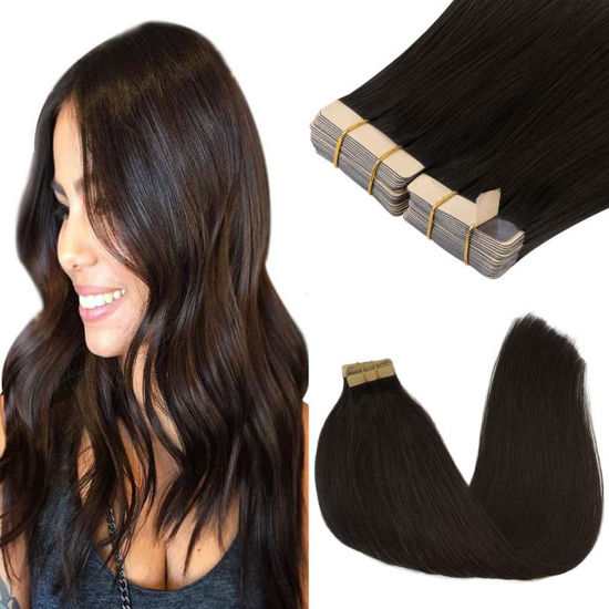 Picture of GOO GOO Tape in Hair Extensions Human Hair, 2 Dark Brown, 20inch 100g 40pcs, Thick Ends Straight Seamless Tape in, Invisible Tape in Hair Extensions Human Hair