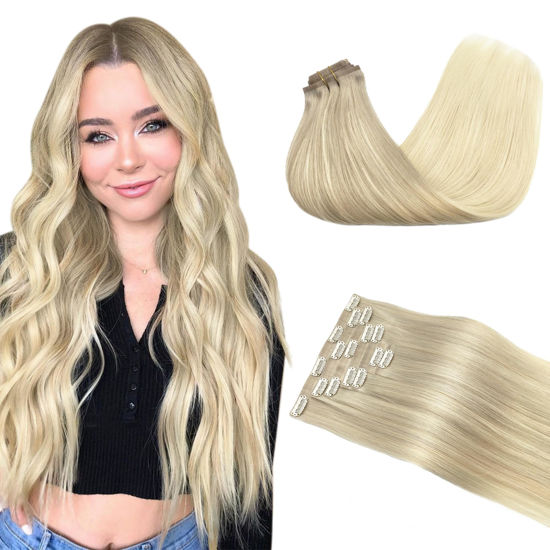 Picture of GOO GOO Clip in Hair Extensions Real Human Hair, Remy Human Hair Extensions Clip ins for Women, Natural Human Hair, 16inch 130g 7Pcs, 17/22/60 Balayage Ash Blonde to Golden Blonde and Platinum Blonde