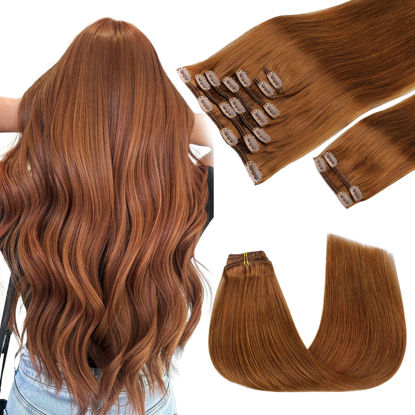 Picture of GOO GOO Clip in Hair Extensions Real Human Hair, Remy Human Hair Extensions Clip ins for Women, Natural Human Hair, 18inch 150g 9Pcs, 350 Copper