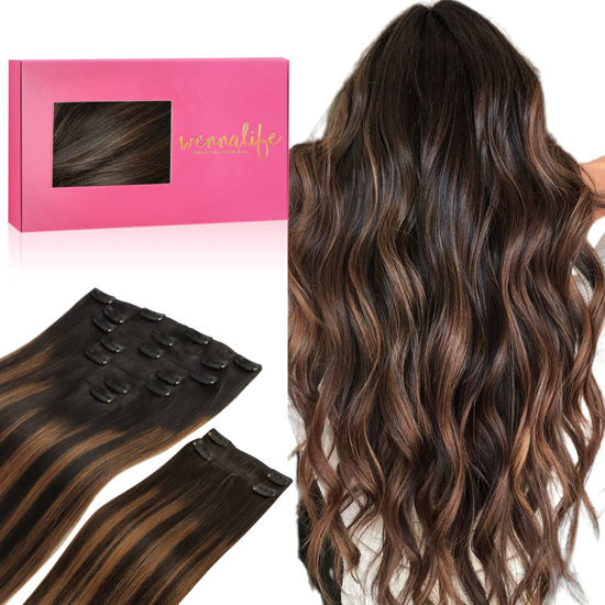 Picture of WENNALIFE Clip in Hair Extensions, 150g 20 Inch 9pcs Balayage Natural Black to Chestnut Brown Human Hair Extensions Thicker Clip in Hair Extensions Real Human Hair Clip Set Double Weft