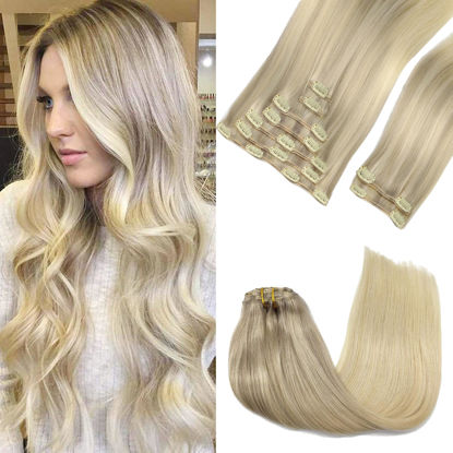 Picture of GOO GOO Clip in Hair Extensions Real Human Hair, 16inch 150g 9Pcs, 17/22/60 Balayage Ash Blonde to Golden Blonde and Platinum Blonde, Remy Human Hair Extensions Clip ins for Women, Natural Human Hair