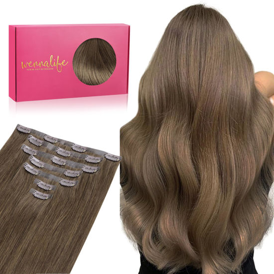 Picture of WENNALIFE Seamless Clip In Hair Extensions Human Hair, 18 Inch 130g 7pcs Light Ash Brown Real Hair Extensions Clip in Human Hair Invisible PU Skin Weft Natural Remy Human Hair Extensions