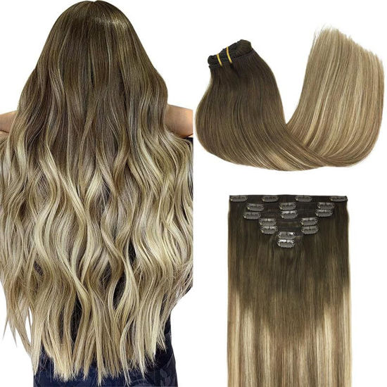 Picture of GOO GOO Clip in Hair Extensions Real Human Hair, Remy Human Hair Extensions Clip ins for Women, Natural Human Hair, 20inch 120g 7Pcs, 3/8/613 Balayage Walnut Brown to Ash Brown and Bleach Blonde