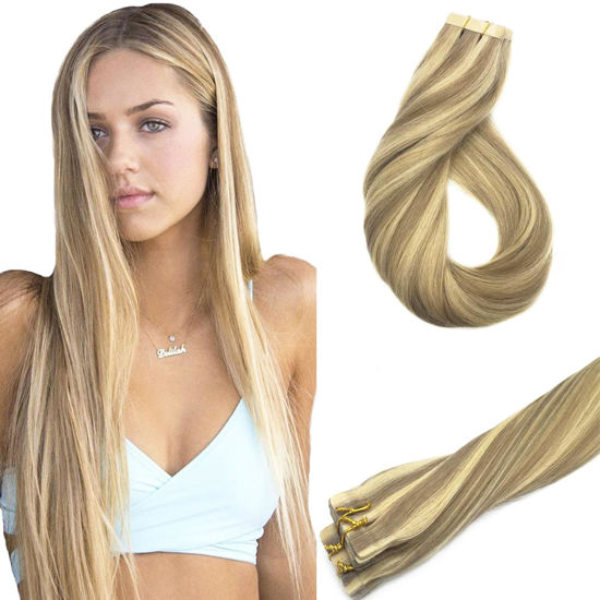 Picture of GOO GOO Tape in Hair Extensions Human Hair, 16/22 Light Blonde Highlighted Golden Blonde, 26inch 60g 20pcs, Thick Ends Straight Seamless Tape in, Invisible Tape in Hair Extensions Human Hair