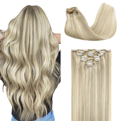 Picture of GOO GOO Clip in Hair Extensions Real Human Hair, Remy Human Hair Extensions Clip ins for Women, Natural Human Hair, 20inch 120g 7Pcs, 17A/60A Ash Blonde Highlighted Platinum Blonde