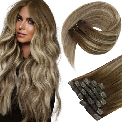 Picture of Sunny Clip in Hair Extensions Real Human Hair 7Pcs 120g Human Hair Clip in Extensions Brown Fading to Light Brown Highlights Golden Blonde Balayage Clip in Human Hair Extensions Double Weft 24inch