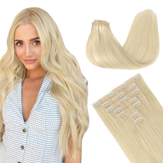 Picture of GOO GOO Clip in Hair Extensions Real Human Hair, 18inch 130g 7Pcs, 60A Platinum Blonde, Remy Human Hair Extensions Clip ins for Women, Natural Human Hair