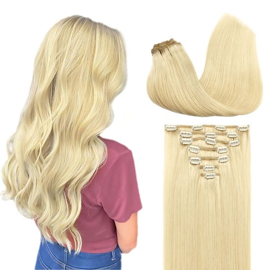 Picture of GOO GOO Clip in Hair Extensions Real Human Hair, Remy Human Hair Extensions Clip ins for Women, Natural Human Hair, 22inch 120g 7Pcs, 613R Bleach Blonde