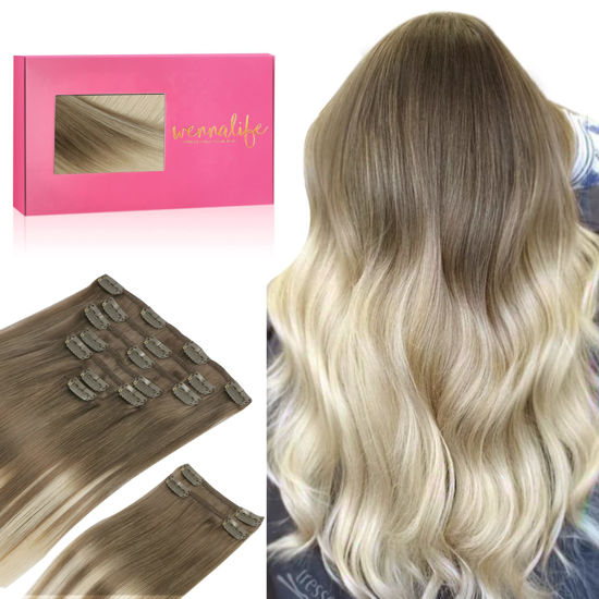 Picture of WENNALIFE Clip in Hair Extensions Real Human Hair, 20 Inch 150g 9pcs Human Hair Extensions Clip In, Ombre Sandy Brown to Platinum Blonde Hair Extensions Clip In Real Remy Human Hair