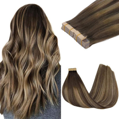 Picture of GOO GOO Tape in Hair Extensions Human Hair, 4/26/4 Balayage Chocolate Brown to Honey Blonde, 22inch 100g 40pcs, Thick Ends Straight Seamless Tape in, Invisible Tape in Hair Extensions Human Hair