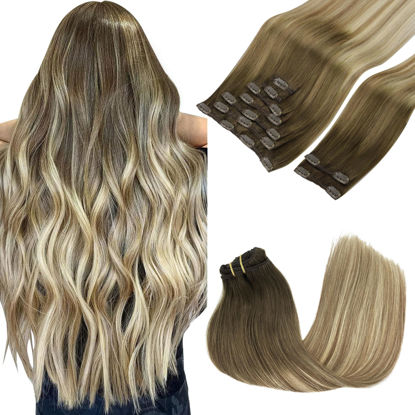 Picture of GOO GOO Clip in Hair Extensions Real Human Hair, 20inch 150g 9Pcs, 3/8/613 Balayage Walnut Brown to Ash Brown and Bleach Blonde, Remy Human Hair Extensions Clip ins for Women, Natural Human Hair