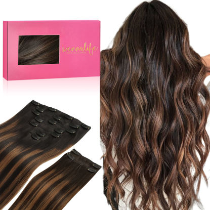 Picture of WENNALIFE Clip in Hair Extensions, 150g 22 Inch 9pcs Balayage Natural Black to Chestnut Brown Human Hair Extensions Thicker Clip in Hair Extensions Real Human Hair Clip Set Double Weft