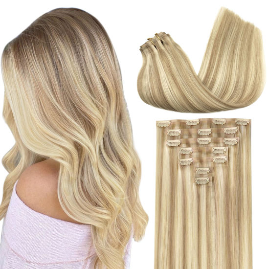 Picture of GOO GOO Clip in Hair Extensions Real Human Hair, 22inch 110g 7Pcs, 18A/613A Dark Blonde Highlighted Bleach Blonde, Remy Human Hair Extensions Clip ins for Women, Natural Human Hair