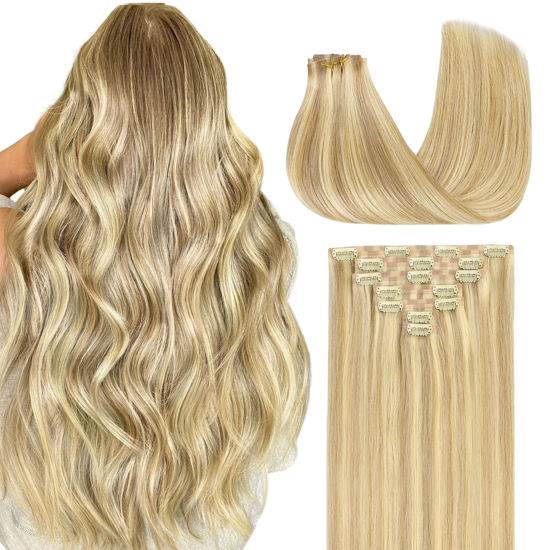 Picture of GOO GOO Clip in Hair Extensions Real Human Hair, Remy Human Hair Extensions Clip ins for Women, Natural Human Hair, 22inch 110g 7Pcs, 18D/22F Dirty Blonde Highlights