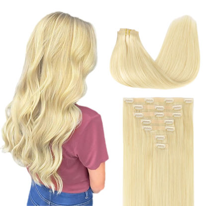 Picture of GOO GOO Clip in Hair Extensions Real Human Hair, Remy Human Hair Extensions Clip ins for Women, Natural Human Hair, 24inch 120g 7Pcs, 613R Bleach Blonde