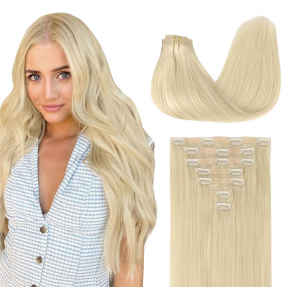 Picture of GOO GOO Clip in Hair Extensions Real Human Hair, Remy Human Hair Extensions Clip ins for Women, Natural Human Hair, 24inch 120g 7Pcs, 60A Platinum Blonde