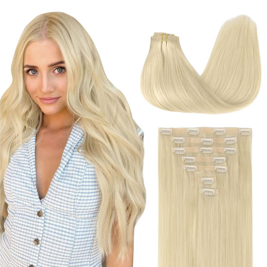 Picture of GOO GOO Clip in Hair Extensions Real Human Hair, Remy Human Hair Extensions Clip ins for Women, Natural Human Hair, 24inch 120g 7Pcs, 60A Platinum Blonde